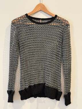 Pete Women's Size M Open Knit Long Sleeve Metallic Silver and Black Sweater Made